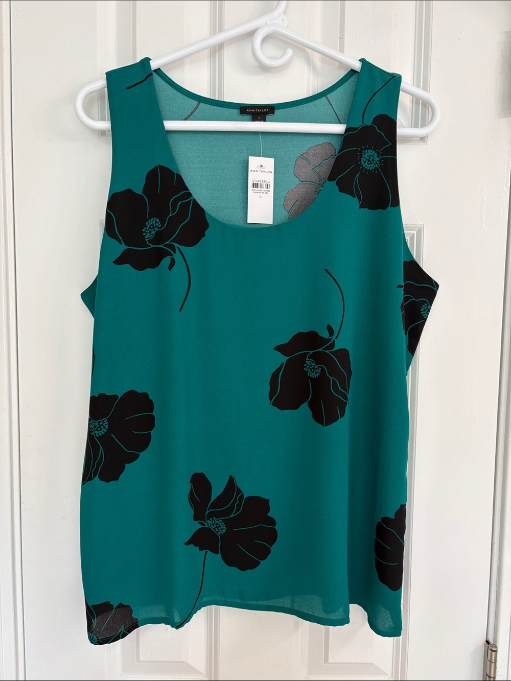 Ann Taylor Mixed Media Teal with Black Floral Print Tank Top, Lined Front Panel